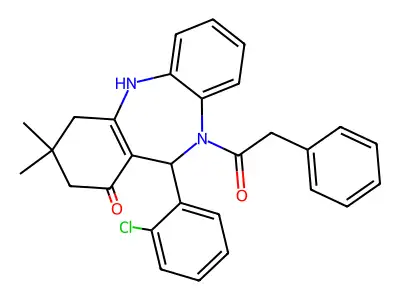 11-(2-chlorophenyl)-3,3-dimethyl-10-(phenylacetyl)-2,3,4,5,10,11-hexahydro-1H-dibenzo[b,e][1,4]diazepin-1-one structure