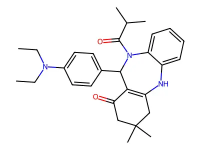 6-[4-(diethylamino)phenyl]-9,9-dimethyl-5-(2-methylpropanoyl)-6,8,10,11-tetrahydrobenzo[b][1,4]benzodiazepin-7-one structure