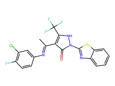 2-(1,3-benzothiazol-2-yl)-4-[(1E)-N-(3-chloro-4-fluorophenyl)ethanimidoyl]-5-(trifluoromethyl)-1,2-dihydro-3H-pyrazol-3-one structure