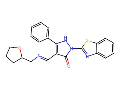 (E)-2-(benzo[d]thiazol-2-yl)-5-phenyl-4-((((tetrahydrofuran-2-yl)methyl)imino)methyl)-1H-pyrazol-3(2H)-one structure