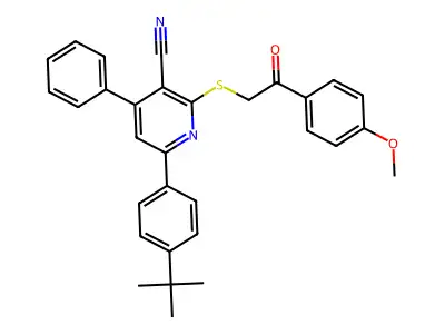 6-(4-tert-butylphenyl)-2-[2-(4-methoxyphenyl)-2-oxoethyl]sulfanyl-4-phenylpyridine-3-carbonitrile structure