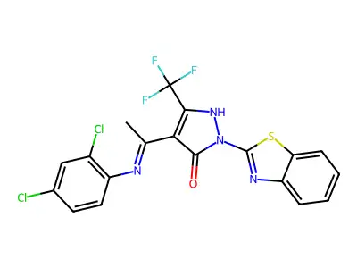 (E)-2-(benzo[d]thiazol-2-yl)-4-(1-((2,4-dichlorophenyl)imino)ethyl)-5-(trifluoromethyl)-1H-pyrazol-3(2H)-one structure