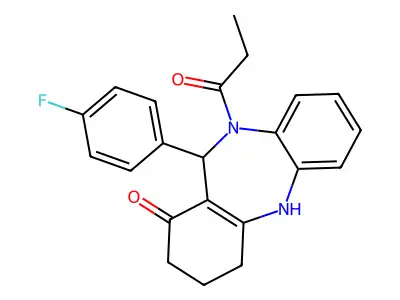 11-(4-fluorophenyl)-10-propanoyl-2,3,4,5,10,11-hexahydro-1H-dibenzo[b,e][1,4]diazepin-1-one structure