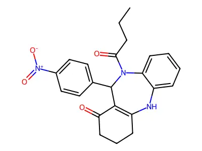 10-butanoyl-11-(4-nitrophenyl)-2,3,4,5,10,11-hexahydro-1H-dibenzo[b,e][1,4]diazepin-1-one structure