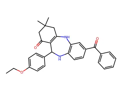 11-(4-ethoxyphenyl)-3,3-dimethyl-7-(phenylcarbonyl)-2,3,4,5,10,11-hexahydro-1H-dibenzo[b,e][1,4]diazepin-1-one structure