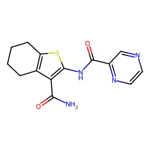 N-(3-carbamoyl-4,5,6,7-tetrahydro-1-benzothiophen-2-yl)pyrazine-2-carboxamide structure