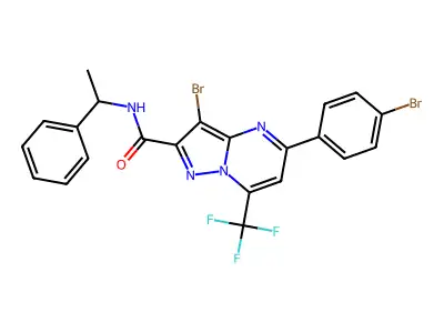 3-bromo-5-(4-bromophenyl)-N-(1-phenylethyl)-7-(trifluoromethyl)pyrazolo[1,5-a]pyrimidine-2-carboxamide structure