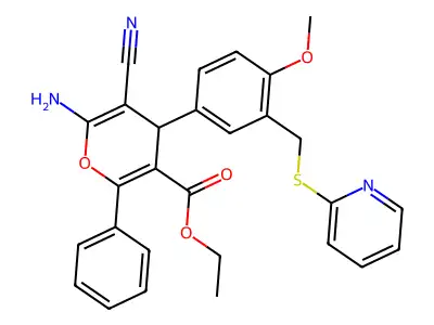 ethyl 6-amino-5-cyano-4-(4-methoxy-3-((pyridin-2-ylthio)methyl)phenyl)-2-phenyl-4H-pyran-3-carboxylate structure