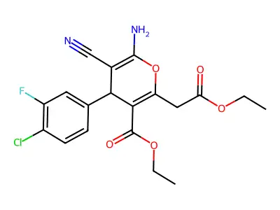 ethyl 6-amino-4-(4-chloro-3-fluorophenyl)-5-cyano-2-(2-ethoxy-2-oxoethyl)-4H-pyran-3-carboxylate structure