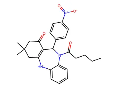 9,9-dimethyl-6-(4-nitrophenyl)-5-pentanoyl-6,8,10,11-tetrahydrobenzo[b][1,4]benzodiazepin-7-one structure