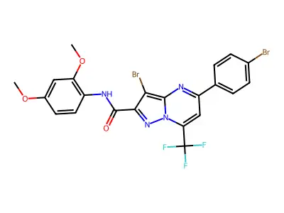 3-bromo-5-(4-bromophenyl)-N-(2,4-dimethoxyphenyl)-7-(trifluoromethyl)pyrazolo[1,5-a]pyrimidine-2-carboxamide structure
