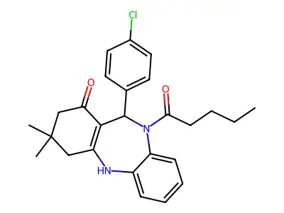 11-(4-chlorophenyl)-3,3-dimethyl-10-pentanoyl-2,3,4,5,10,11-hexahydro-1H-dibenzo[b,e][1,4]diazepin-1-one structure