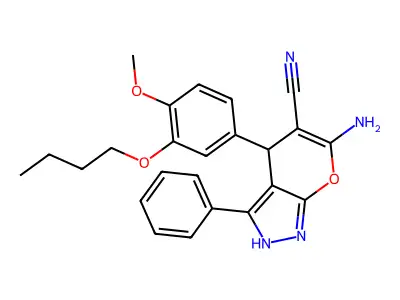 6-amino-4-(3-butoxy-4-methoxyphenyl)-3-phenyl-2,4-dihydropyrano[2,3-c]pyrazole-5-carbonitrile structure