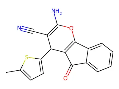 2-amino-4-(5-methyl-2-thienyl)-5-oxo-4,5-dihydroindeno[1,2-b]pyran-3-carbonitrile structure