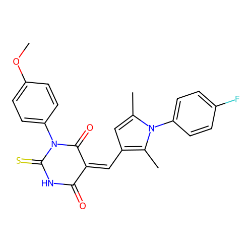(5Z)-5-[[1-(4-fluorophenyl)-2,5-dimethylpyrrol-3-yl]methylidene]-1-(4-methoxyphenyl)-2-sulfanylidene-1,3-diazinane-4,6-dione structure