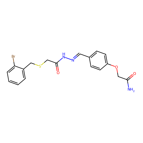 2-[4-[(E)-[[2-[(2-bromophenyl)methylsulfanyl]acetyl]hydrazinylidene]methyl]phenoxy]acetamide structure