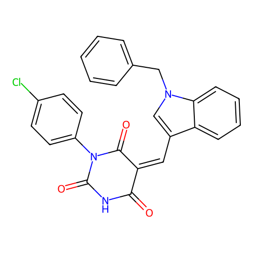 (5Z)-5-[(1-benzylindol-3-yl)methylidene]-1-(4-chlorophenyl)-1,3-diazinane-2,4,6-trione structure