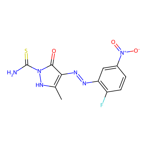 4-[(2-fluoro-5-nitrophenyl)hydrazono]-3-methyl-5-oxo-4,5-dihydro-1H-pyrazole-1-carbothioamide structure