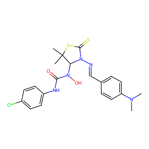 3-(4-chlorophenyl)-1-(3-((4-(dimethylamino)benzylidene)amino)-5,5-dimethyl-2-thioxothiazolidin-4-yl)-1-hydroxyurea structure