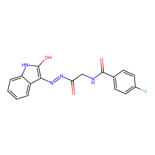 (Z)-4-fluoro-N-(2-oxo-2-(2-(2-oxoindolin-3-ylidene)hydrazinyl)ethyl)benzamide structure