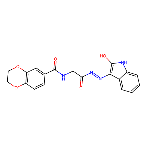 (Z)-N-(2-oxo-2-(2-(2-oxoindolin-3-ylidene)hydrazinyl)ethyl)-2,3-dihydrobenzo[b][1,4]dioxine-6-carboxamide structure