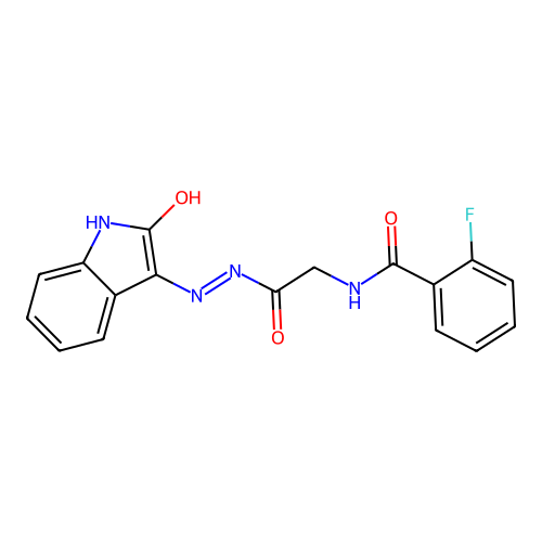 (Z)-2-fluoro-N-(2-oxo-2-(2-(2-oxoindolin-3-ylidene)hydrazinyl)ethyl)benzamide structure