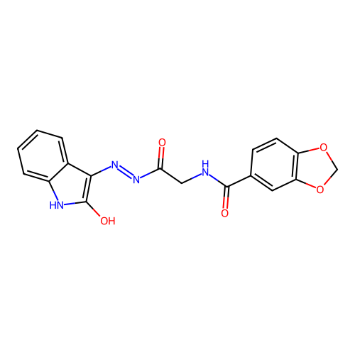 N-[2-oxo-2-[2-(2-oxoindol-3-yl)hydrazinyl]ethyl]-1,3-benzodioxole-5-carboxamide structure