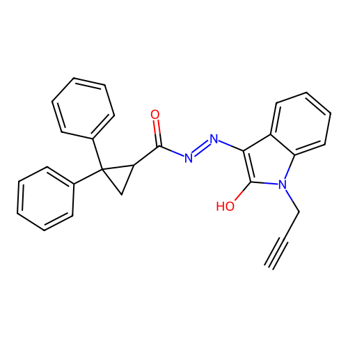 N'-[(3Z)-2-oxo-1-(prop-2-yn-1-yl)-1,2-dihydro-3H-indol-3-ylidene]-2,2-diphenylcyclopropanecarbohydrazide structure