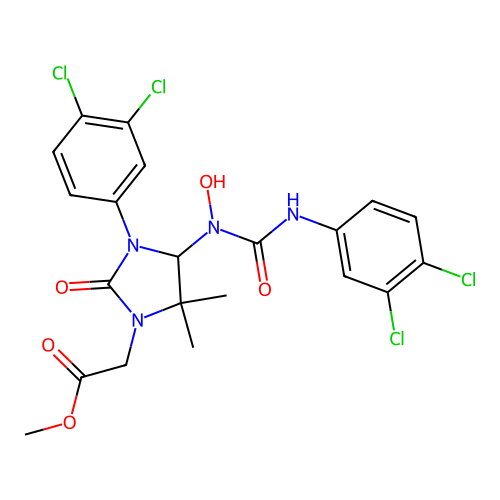 methyl [3-(3,4-dichlorophenyl)-4-{[(3,4-dichlorophenyl)carbamoyl](hydroxy)amino}-5,5-dimethyl-2-oxoimidazolidin-1-yl]acetate structure