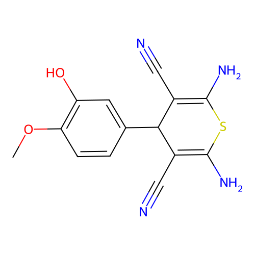 2,6-diamino-4-(3-hydroxy-4-methoxyphenyl)-4H-thiopyran-3,5-dicarbonitrile structure