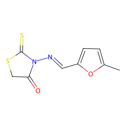 3-{[(E)-(5-methylfuran-2-yl)methylidene]amino}-2-thioxo-1,3-thiazolidin-4-one structure