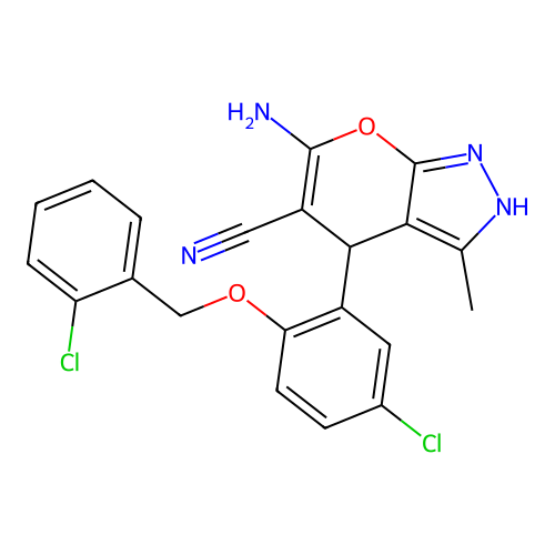 6-amino-4-{5-chloro-2-[(2-chlorobenzyl)oxy]phenyl}-3-methyl-1,4-dihydropyrano[2,3-c]pyrazole-5-carbonitrile structure