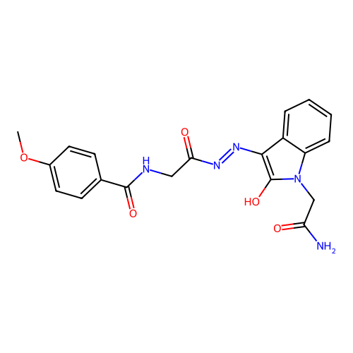 N-(2-{(2Z)-2-[1-(2-amino-2-oxoethyl)-2-oxo-1,2-dihydro-3H-indol-3-ylidene]hydrazinyl}-2-oxoethyl)-4-methoxybenzamide structure
