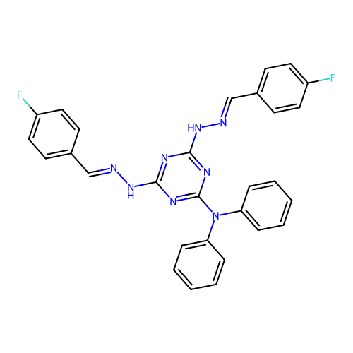 4,6-bis[(2E)-2-(4-fluorobenzylidene)hydrazinyl]-N,N-diphenyl-1,3,5-triazin-2-amine structure