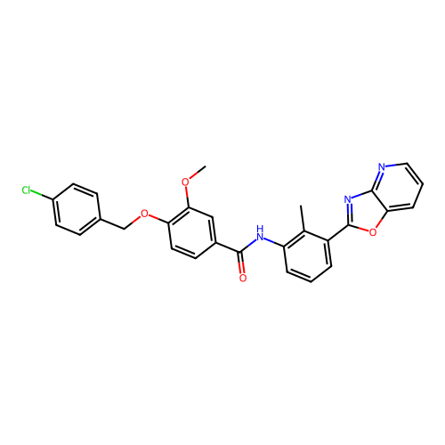 4-((4-chlorobenzyl)oxy)-3-methoxy-N-(2-methyl-3-(oxazolo[4,5-b]pyridin-2-yl)phenyl)benzamide structure