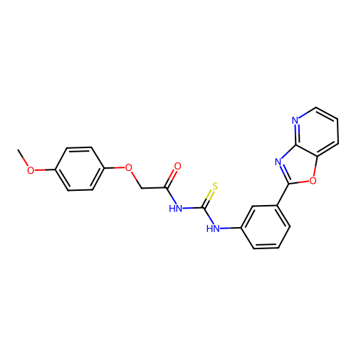 2-(4-methoxyphenoxy)-N-((3-(oxazolo[4,5-b]pyridin-2-yl)phenyl)carbamothioyl)acetamide structure