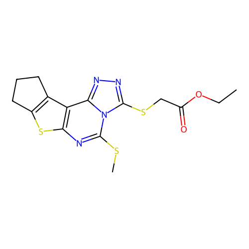 ethyl {[5-(methylsulfanyl)-9,10-dihydro-8H-cyclopenta[4,5]thieno[3,2-e][1,2,4]triazolo[4,3-c]pyrimidin-3-yl]sulfanyl}acetate structure