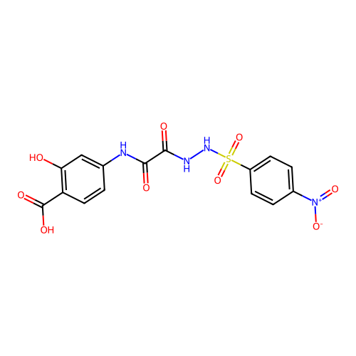 2-hydroxy-4-(2-(2-((4-nitrophenyl)sulfonyl)hydrazinyl)-2-oxoacetamido)benzoic acid structure
