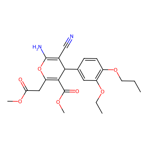 methyl 6-amino-5-cyano-4-(3-ethoxy-4-propoxyphenyl)-2-(2-methoxy-2-oxoethyl)-4H-pyran-3-carboxylate structure