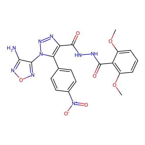 1-(4-amino-1,2,5-oxadiazol-3-yl)-N'-(2,6-dimethoxybenzoyl)-5-(4-nitrophenyl)-1H-1,2,3-triazole-4-carbohydrazide structure