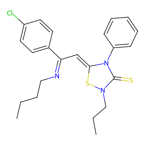 (5Z)-5-[(2Z)-2-(butylimino)-2-(4-chlorophenyl)ethylidene]-4-phenyl-2-propyl-1,2,4-thiadiazolidine-3-thione structure