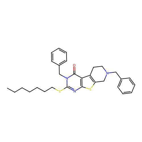 3,7-dibenzyl-2-(heptylsulfanyl)-5,6,7,8-tetrahydropyrido[4',3':4,5]thieno[2,3-d]pyrimidin-4(3H)-one structure