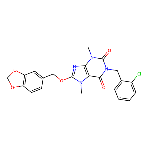 8-(1,3-benzodioxol-5-ylmethoxy)-1-(2-chlorobenzyl)-3,7-dimethyl-3,7-dihydro-1H-purine-2,6-dione structure