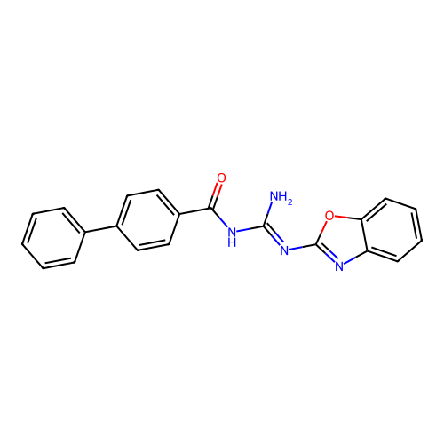 N-[(E)-amino(1,3-benzoxazol-2-ylamino)methylidene]biphenyl-4-carboxamide structure