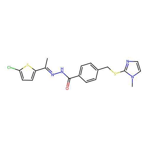 (E)-N'-(1-(5-chlorothiophen-2-yl)ethylidene)-4-(((1-methyl-1H-imidazol-2-yl)thio)methyl)benzohydrazide structure
