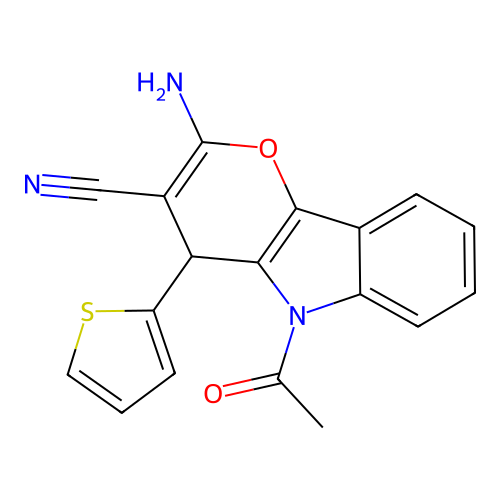 5-Acetyl-2-amino-4-(thiophen-2-yl)-4,5-dihydropyrano[3,2-b]indole-3-carbonitrile structure