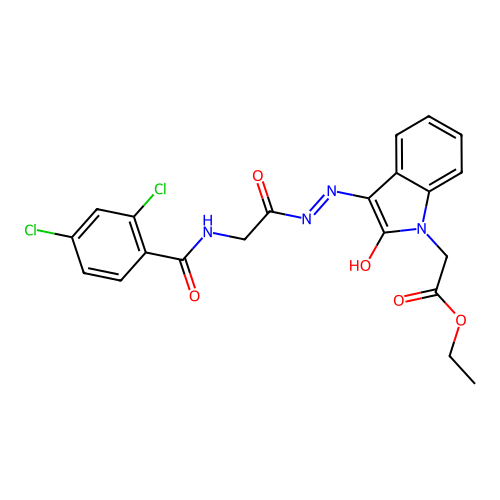 ethyl {(3Z)-3-[2-({[(2,4-dichlorophenyl)carbonyl]amino}acetyl)hydrazinylidene]-2-oxo-2,3-dihydro-1H-indol-1-yl}acetate structure