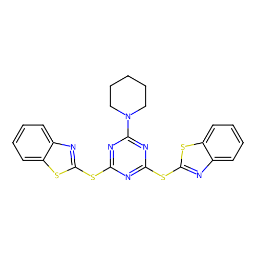 2,2'-((6-(piperidin-1-yl)-1,3,5-triazine-2,4-diyl)bis(sulfanediyl))bis(benzo[d]thiazole) structure