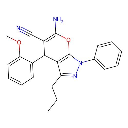 6-amino-4-(2-methoxyphenyl)-1-phenyl-3-propyl-1,4-dihydropyrano[2,3-c]pyrazole-5-carbonitrile structure