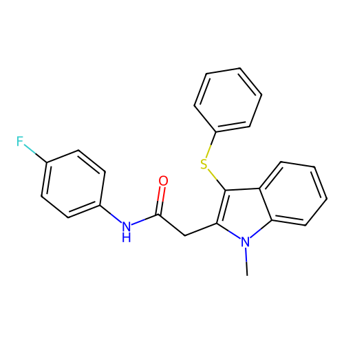 N-(4-fluorophenyl)-2-(1-methyl-3-phenylsulfanylindol-2-yl)acetamide structure